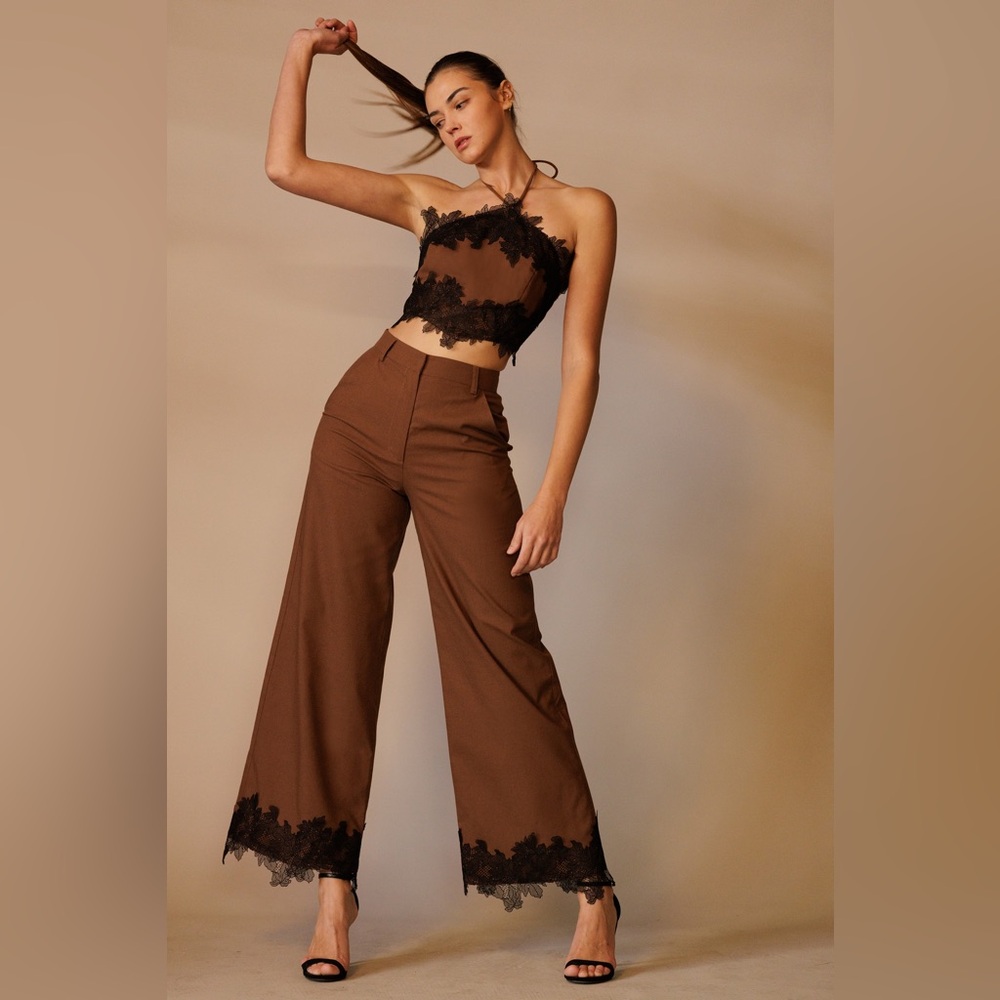 Lace Trim Hem Wide-Leg Trouser Pants